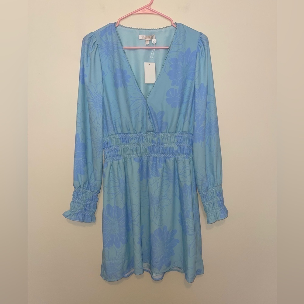 Wayf NWT Delancy Smocked Dress in Mint Sunflower Size Medium